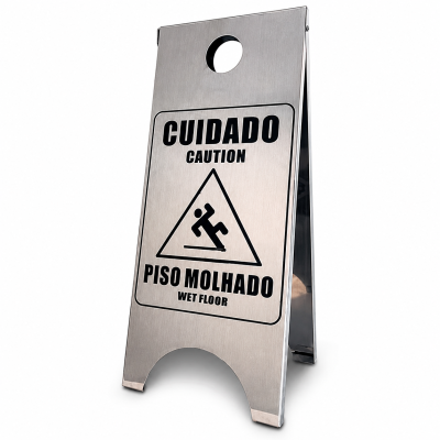 Placa Sinalizadora "Piso Molhado" em Aço Inox